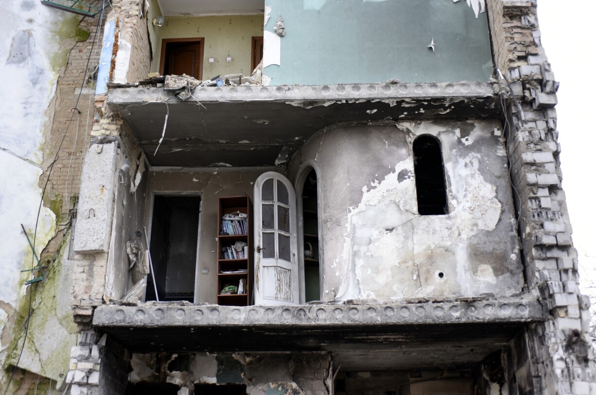 A partially destroyed residential building in Borodianka, Ukraine. February 2023.