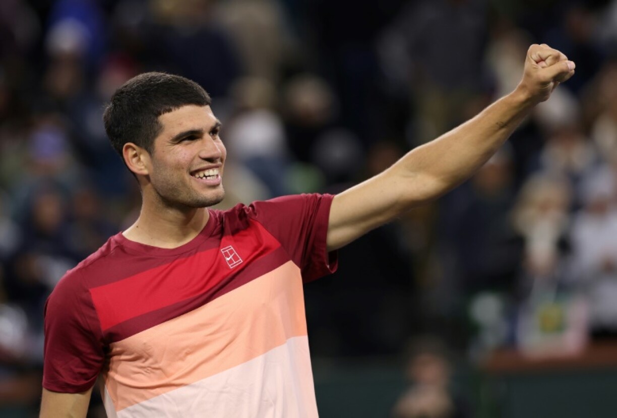 Two-time defending champion Carlos Alcaraz of Spain celebrates his quarter-final victory over Francisco Cerundolo at Indian Wells