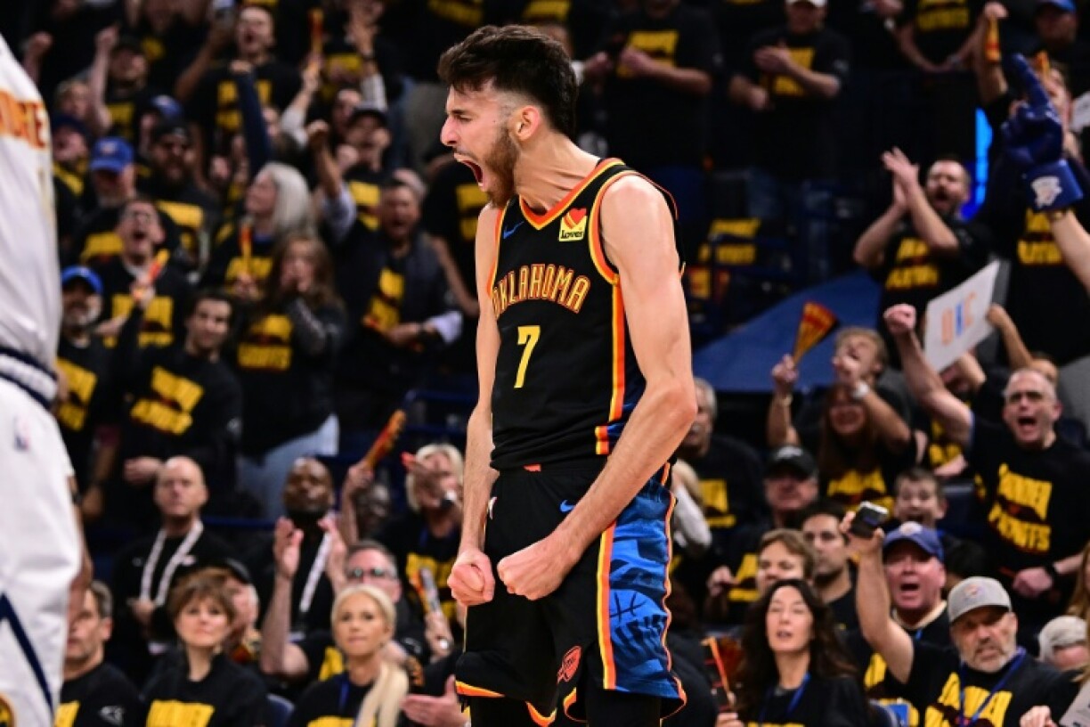 Chet Holmgren of the Oklahoma City Thunder celebrates during the first half of the Thunder's victory over the Denver Nuggets in game two of their NBA playoff series