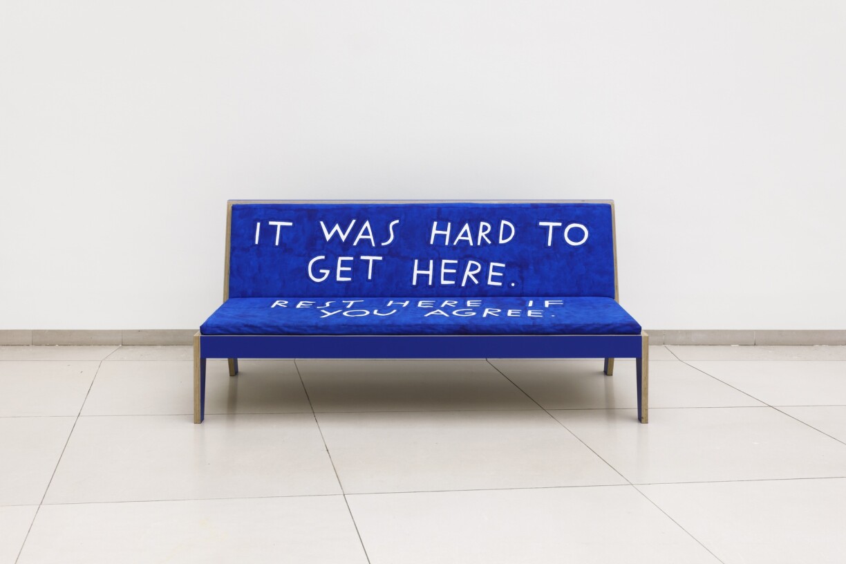 Finnegan Shannon, Do you want us here or not (MMK), 2021 Plywood, paint, foam, fabric 90 Å~ 200 Å~ 55 cm, Installation view at Crip Time, Museum MMK für Moderne Kunst, Frankfurt, 2021