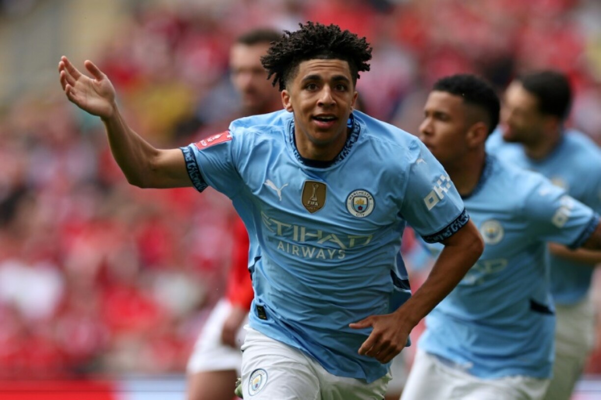 Manchester City's Rico Lewis celebrates scoring against Nottingham Forest