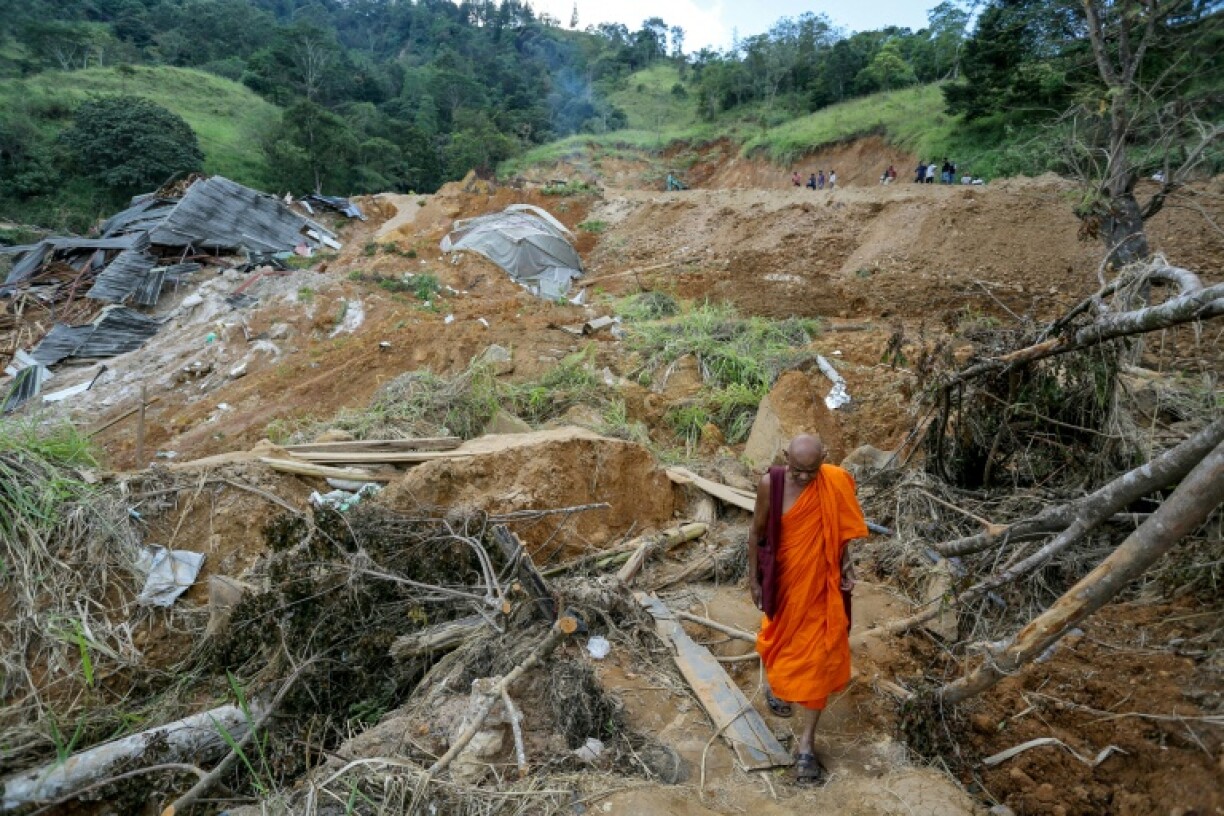 Un moine bouddhiste au milieu d'arbres déracinés et de maisons endommagées après des glissements de terrain provoqués par le cyclone Ditwah dans le village d'Ulapane, près de la ville de Nawalapitiya, dans le district de Kandy, le 7 décembre 2025 au Sri Lanka