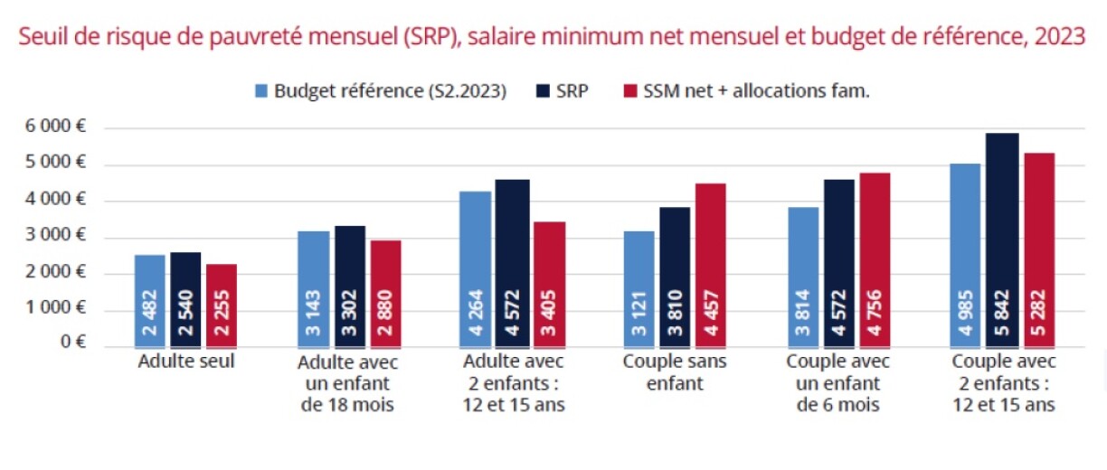 En bleu foncé, au milieu de chaque trio, le seuil de risque de pauvreté. Et en rouge, le salaire net, allocations familiales incluses.