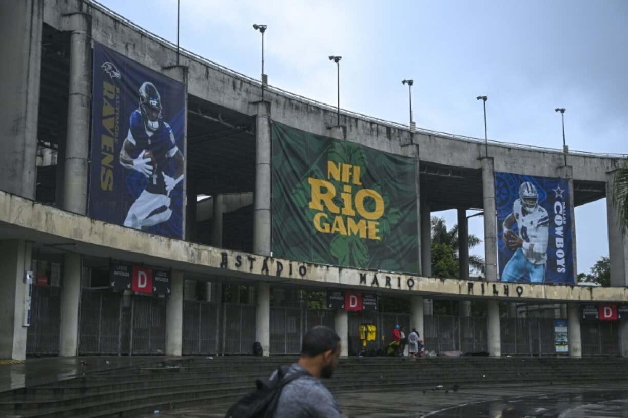 The main entrance of Maracana stadium displays banners announcing the upcoming NFL game in Brazil between the Baltimore Ravens and Dallas Cowboys