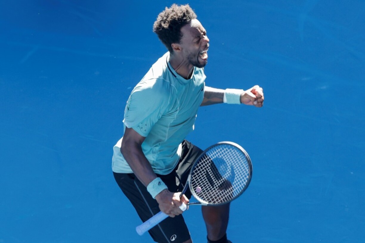 France's Gael Monfils celebrates beating USA's Taylor Fritz