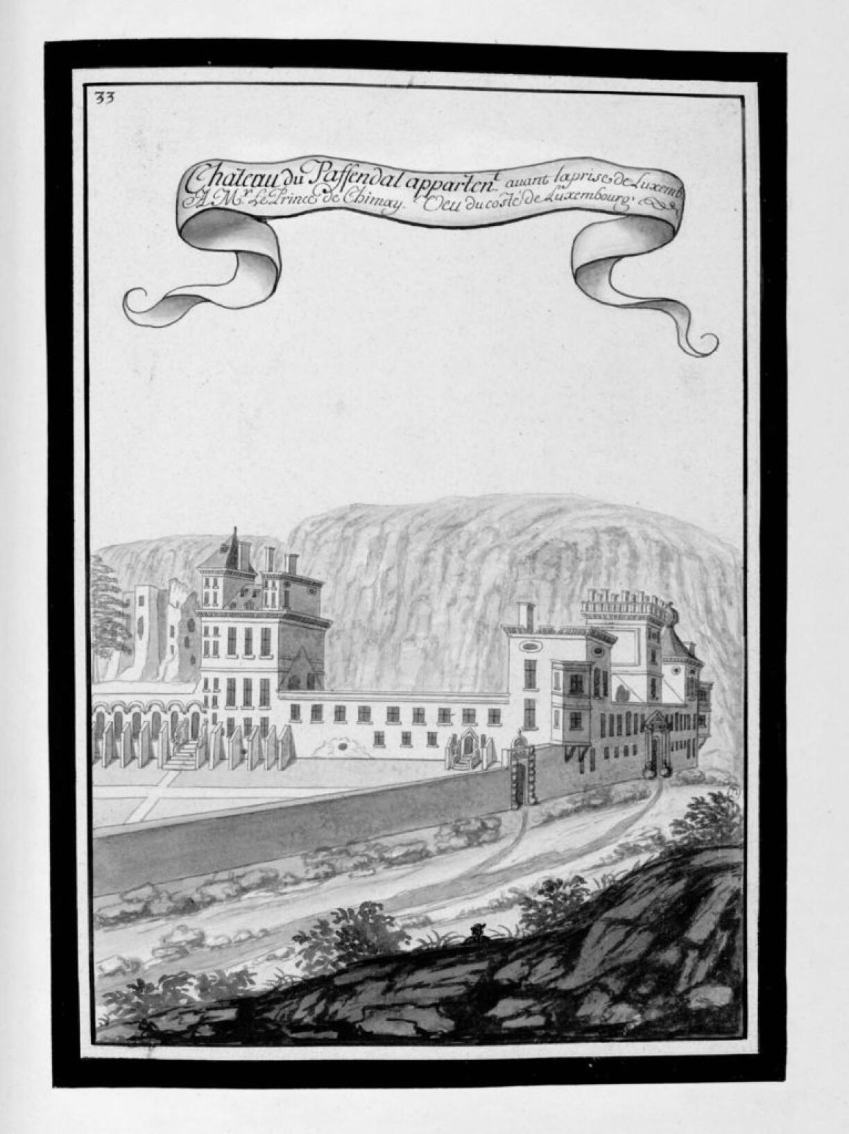 Jacques Pennier, Vue du château de Mansfeld désigné comme château du Paffendal, album Pennier, Bibliothèque de l'Institut National d'Histoire de l'Art, collections Jacques Doucet, NUM MS 172.