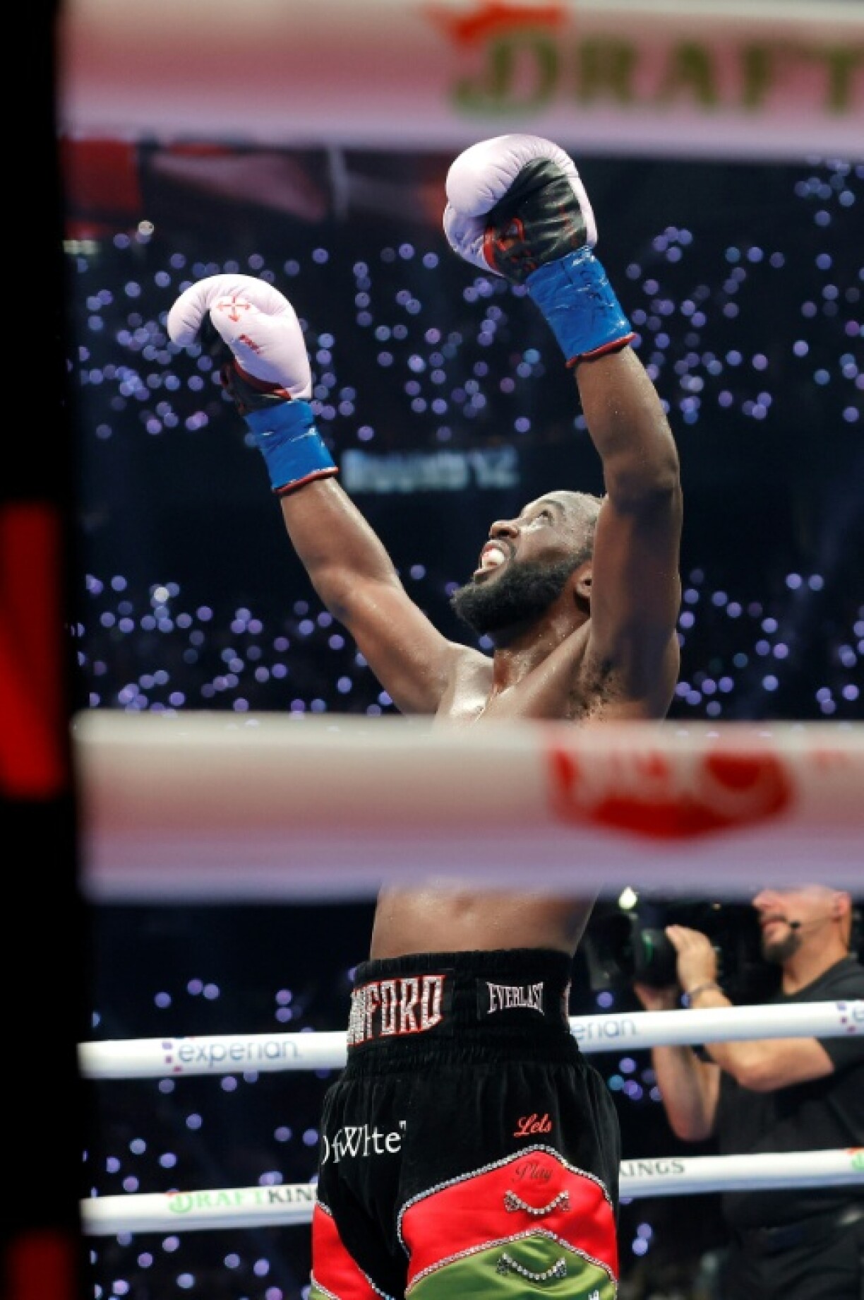 Terence Crawford reacts after the final bell in his victory over Saul 'Canelo' Alvarez in a super middleweight world title fight in Las Vegas
