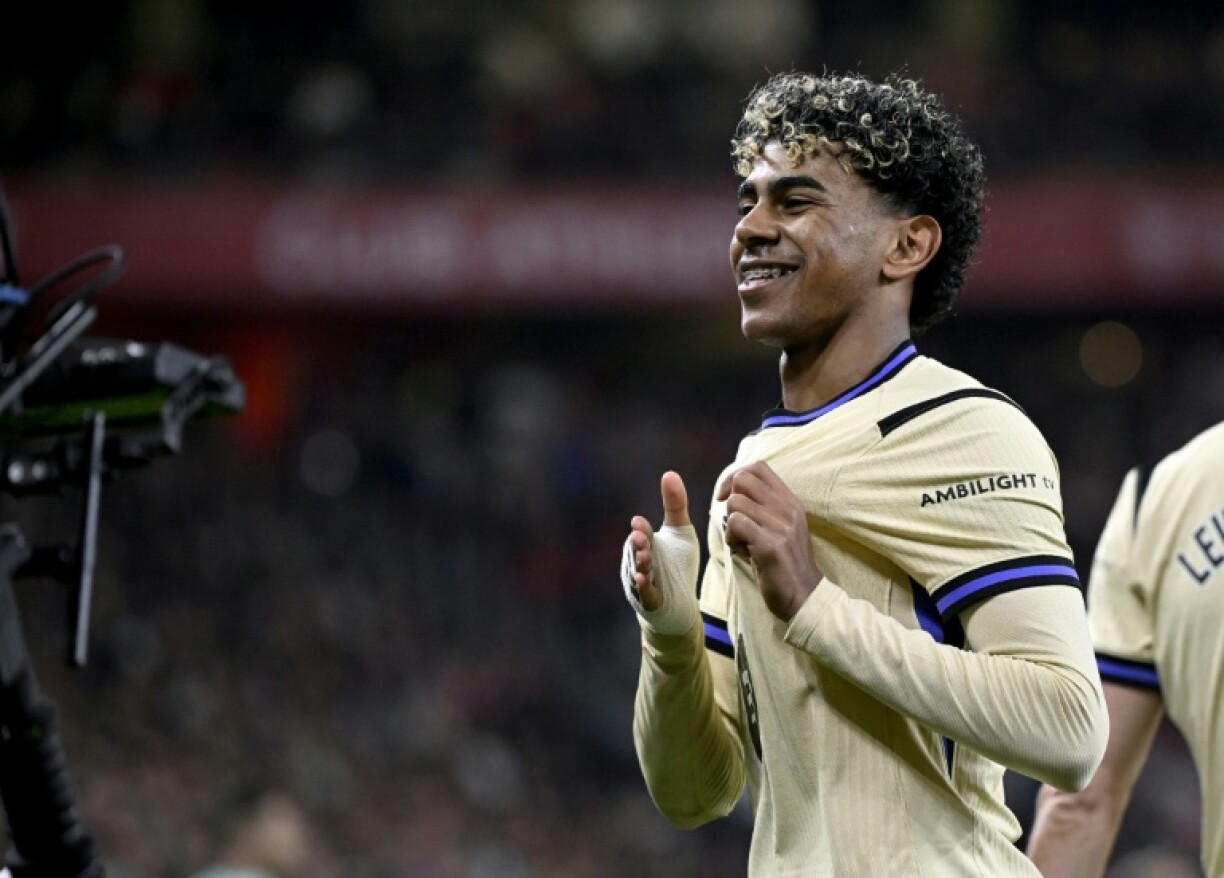L'attaquant vedette du FC Barcelone Lamine Yamal célèbre son but lors de la victoire à Bilbao en Championnat d'Espagne, le 7 mars 2026