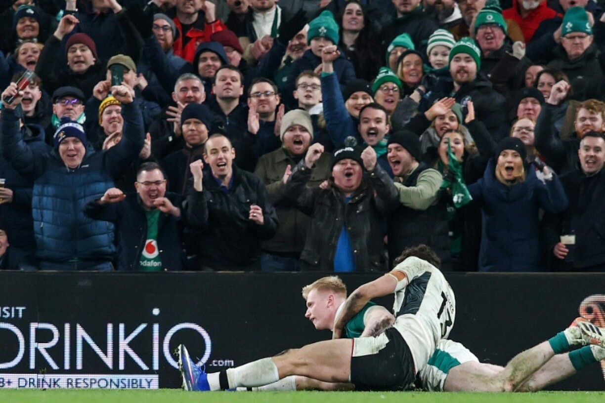 L'arrière irlandais Jamie Osborne inscrit le quatrième essai face au pays de Galles, lors de la 4e journée du Tournoi des six nations, le 6 mars 2026 à Dublin