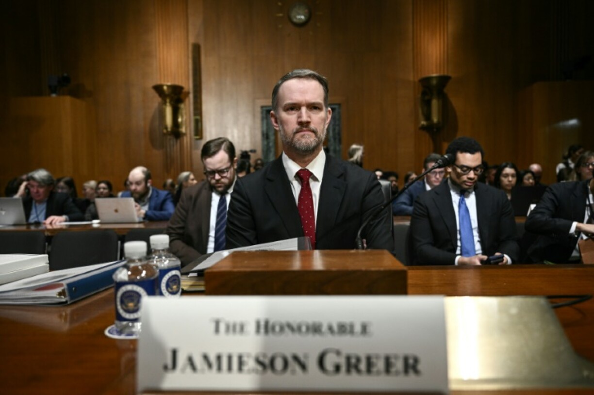 US Trade Representative Jamieson Greer takes his seat upon arrival at the start of a Senate Finance Committee hearing on President Donald Trump's trade policies