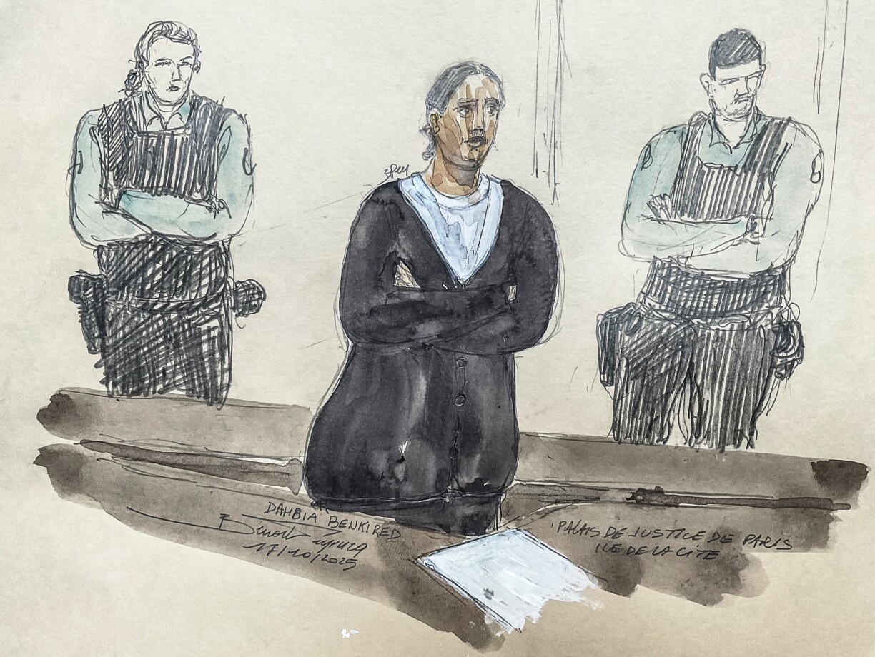 Dahbia Benkired, dessinée lors de son audition au tribunal.