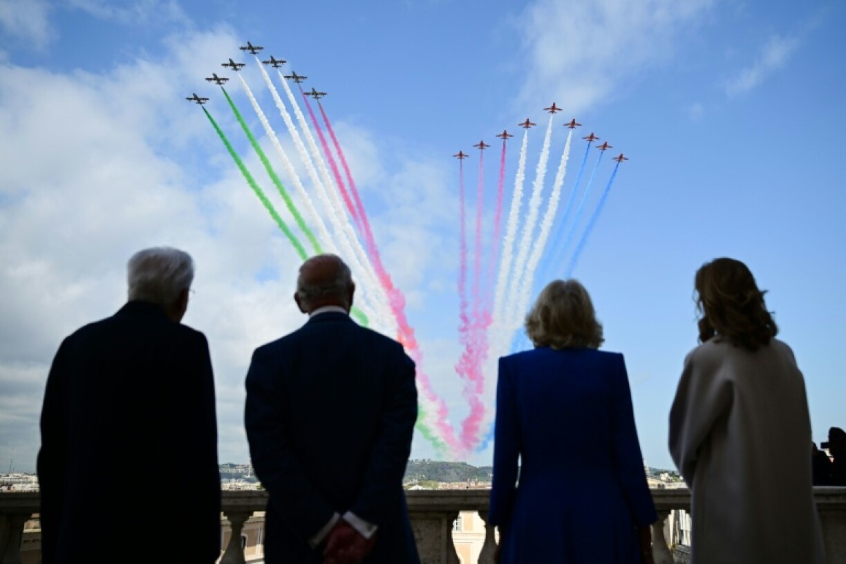 King Charles and Queen Camilla watched a cermonial flypast by Italy's 'Frecce Tricolori' air force aerobatic team and Britain's 'Red Arrows'