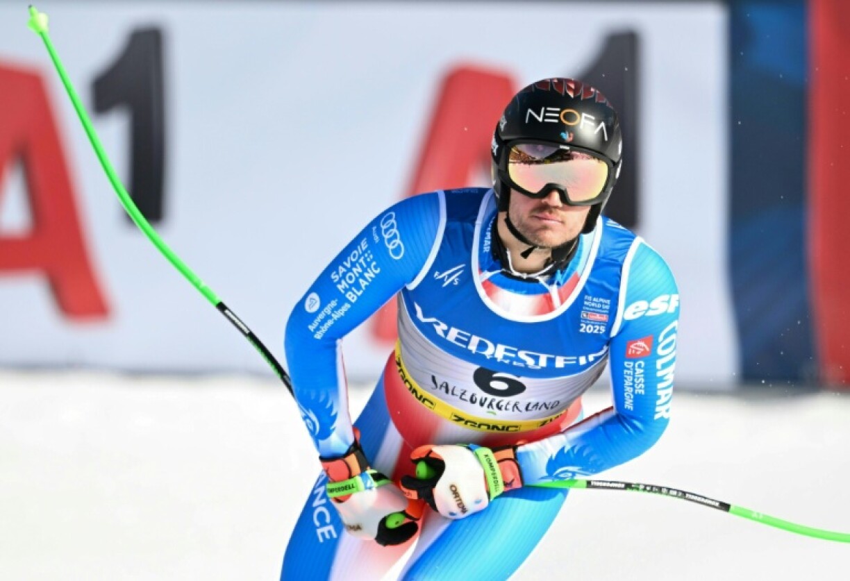 France's Nils Allegre reacts after his super-G run
