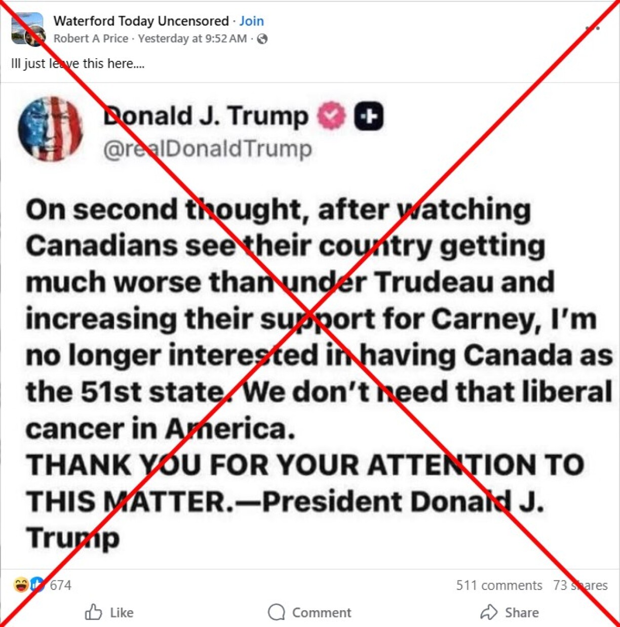 Screenshot of a Facebook post taken March 25, 2026