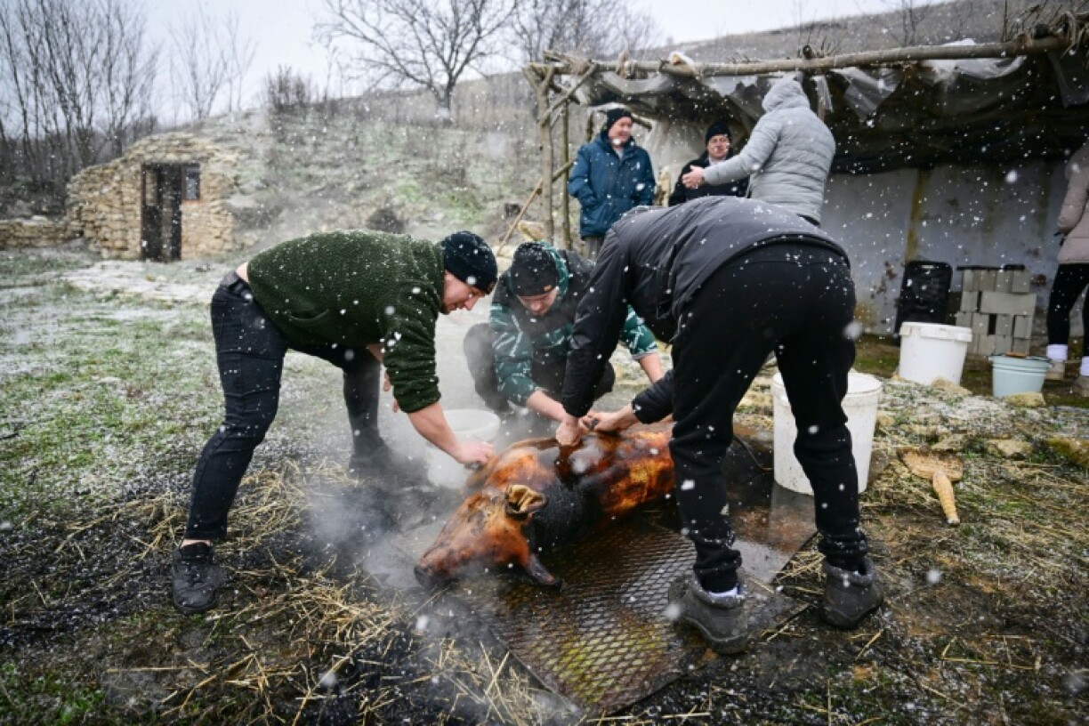 Des hommes du village de Rogojeni préparent un cochon rôti, le 4 janvier 2026 en Moldavie