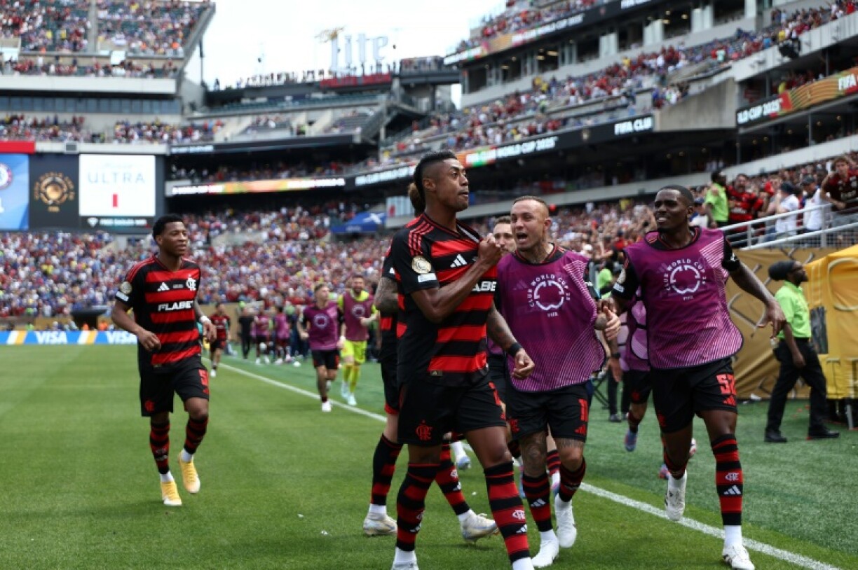 Bruno Henrique (C) celebrates with teammates after scoring for Flamengo as the Brazilians came from behind to beat Chelsea 3-1 at the Club World Cup on Friday
