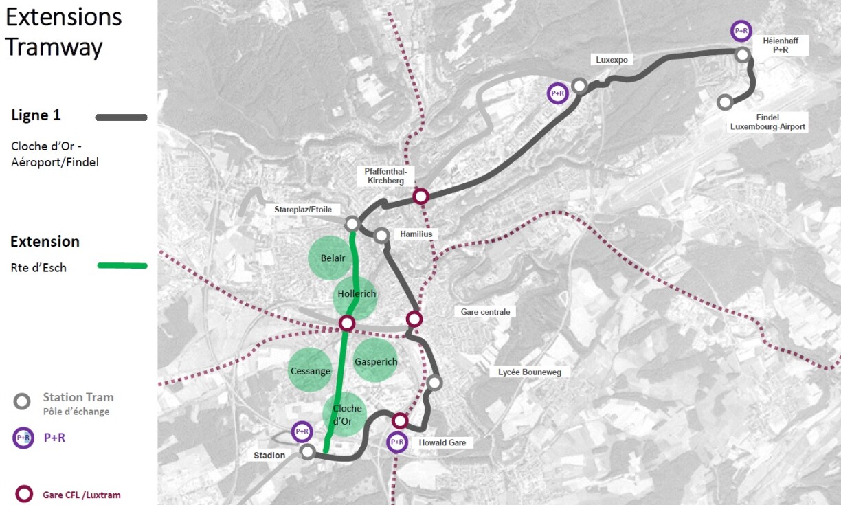 La ligne de tram prévue le long de la route d'Esch.