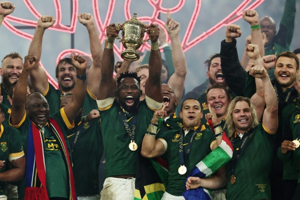 South Africa captain Siya Kolisi lifts the 2023 Rugby World Cup trophy after the Springboks beat New Zealand in the final
