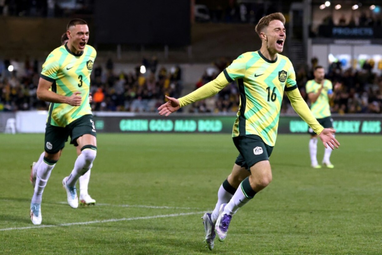 Australia's Max Balard (R) celebrates scoring in the 1-0 win over New Zealand