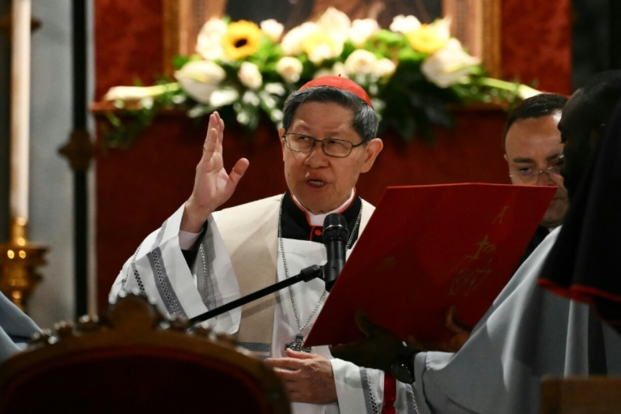 Cardinal Luis Tagle attending a rosary prayer at Santa Maria Maggiore Basilica in Rome on April 24, 2025