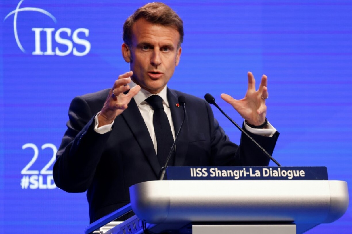 France's President Emmanuel Macron gives the keynote address at the Shangri-La Dialogue Summit in Singapore on May 30, 2025