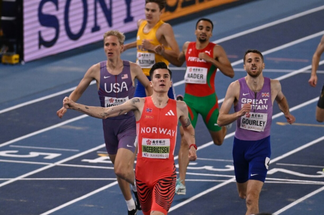 Norway's Jakob Ingebrigtsen celebrates after winning the men's 1500m final during the Indoor World Athletics Championships in Nanjing, China