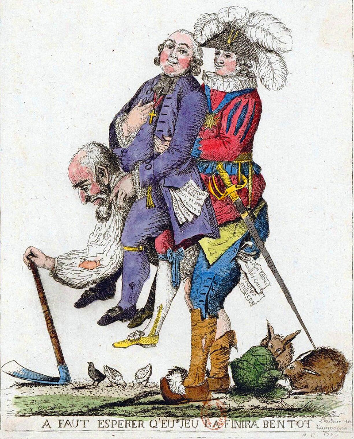 The Third Estate, crushed under the weight of the nobility and clergy. A caricature from the French Revolution.