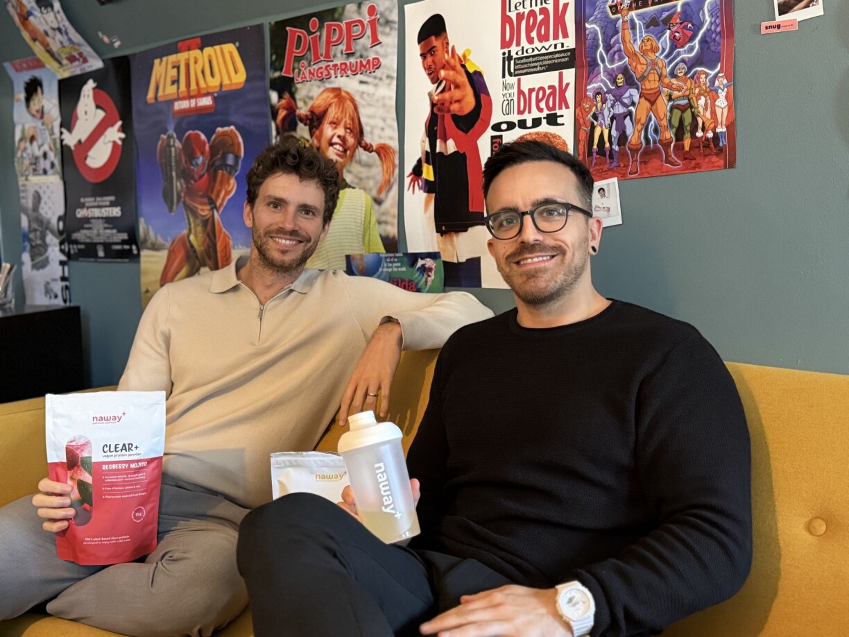 Den Tim Thomé (lénks) an de Ricardo Prosperi (riets) hunn hiert eegent Proteinpolver op de Maart bruecht.