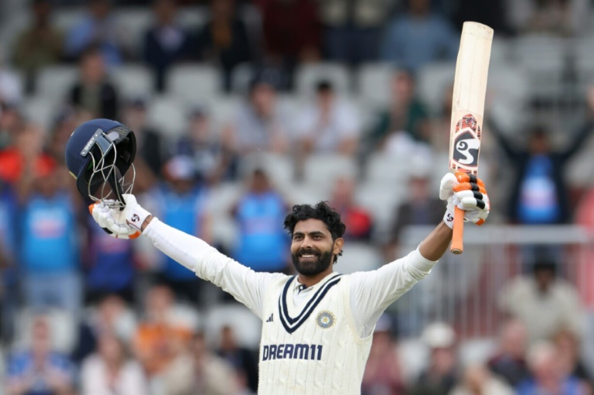 India's Ravindra Jadeja celebrates after scoring his match-saving 100