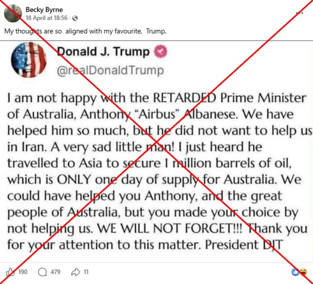 Screenshot of the false post taken on April 21, 2026, with a red X added by AFP