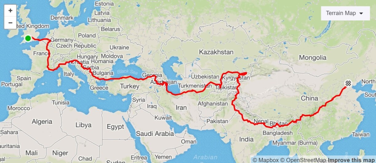 Luke's route from Bristol to Beijing
