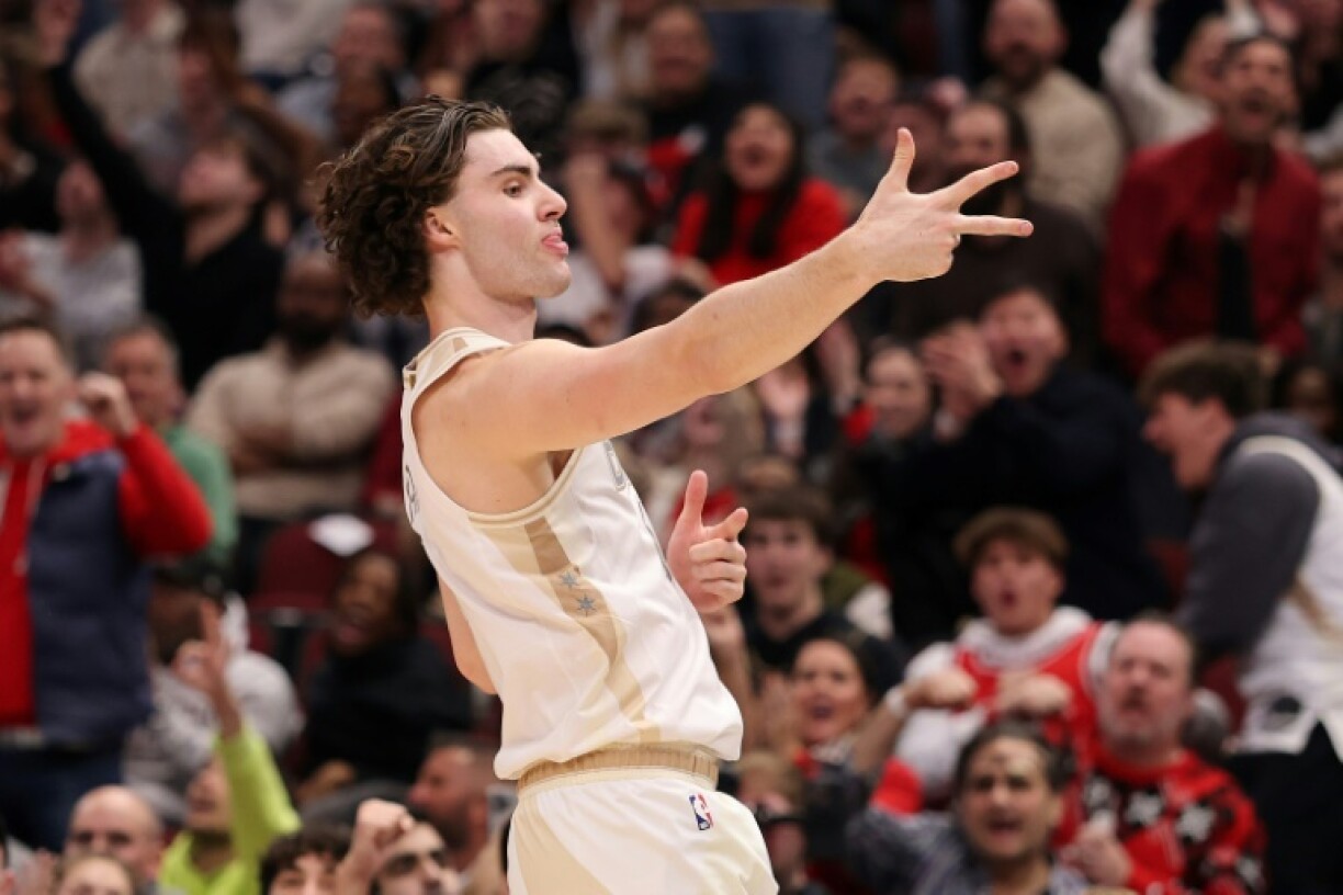 Josh Giddey of the Chicago Bulls celebrates a three pointer in an NBA victory over the Milwaukee Bucks