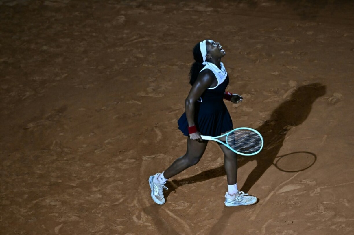 Coco Gauff celebrates beating China's Zheng Qinwen to reach the Italian Open final.