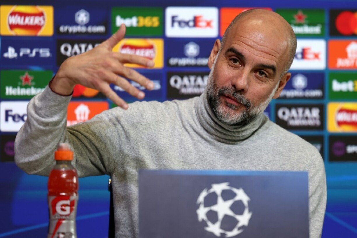 Manchester City manager Pep Guardiola speaks at a press conference ahead of his side's Champions League match against Club Brugge