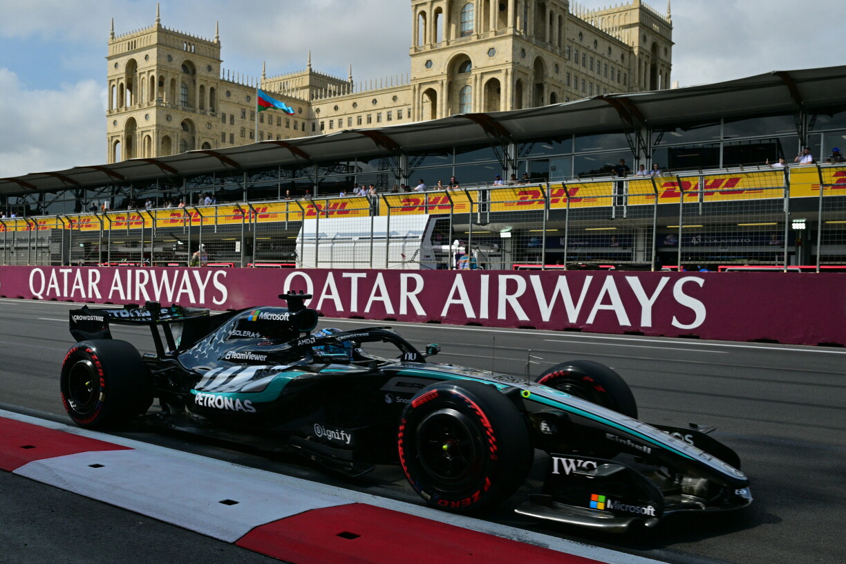 Mercedes' British driver George Russell steers his car during the third practice session ahead of the Formula One Azerbaijan Grand Prix at the Baku City Circuit in Baku on September 25, 2026. (Photo by Andrej ISAKOVIC / AFP)