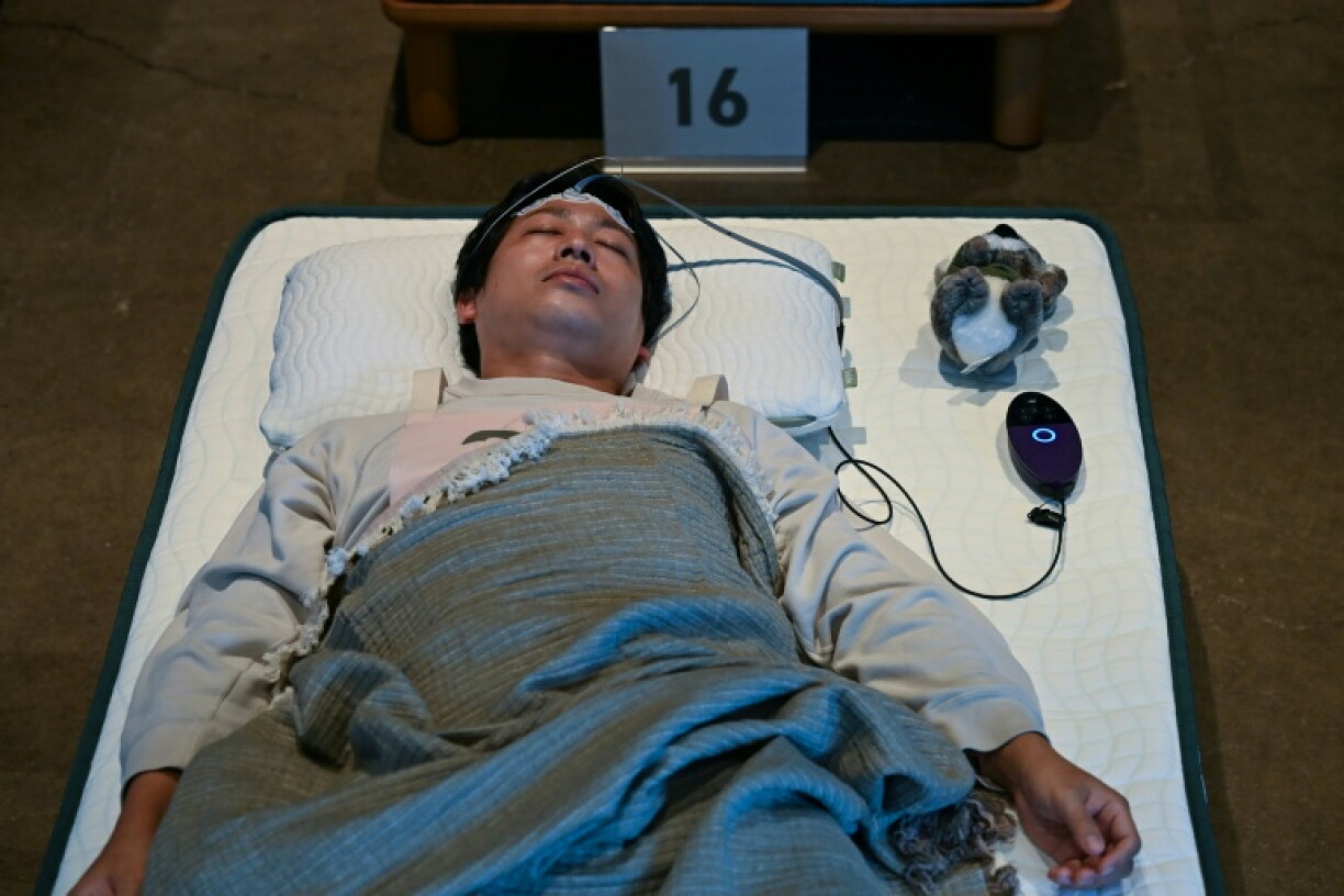 Inside a dimly lit room, participants slept with monitors attached to their heads, some cradling stuffed toys in their beds