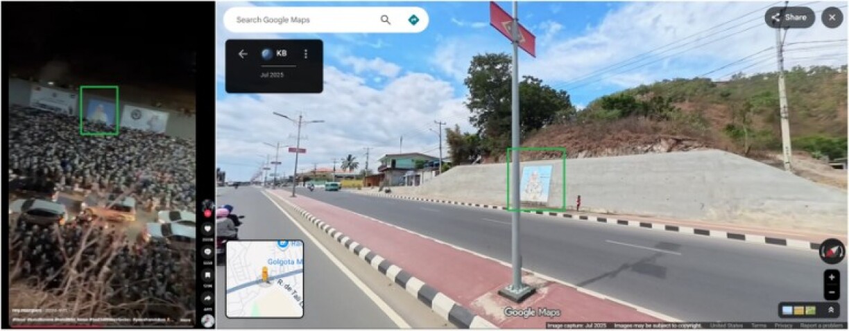 Screenshot comparison of the higher quality TikTok video (L) and Google Street View imagery of the location of the procession