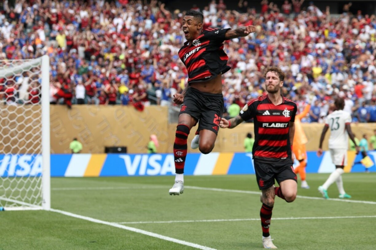 Flamengo's Bruno Henrique celebrates with teammate Leo Pereira after scoring the Brazilian side's equaliser against Chelsea in Philadelphia