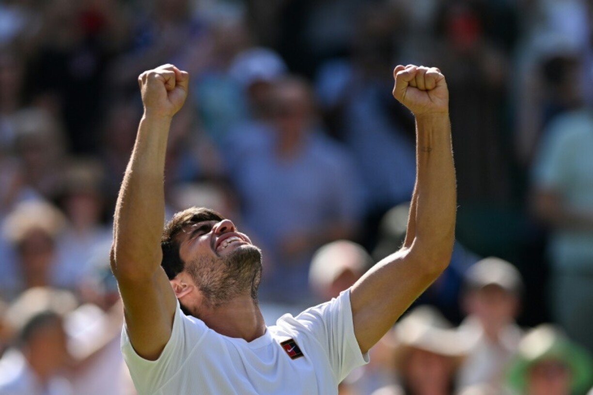 Carlos Alcaraz celebrates reaching the Wimbledon final