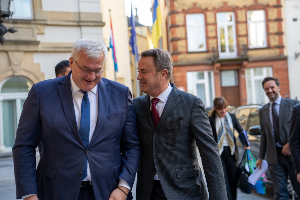 Den ukraineschen Ausseminister Andrij Sybiha zesumme mam Lëtzebuerger Ausseminister Xavier Bettel den 12. Oktober 2026 zu Lëtzebuerg.