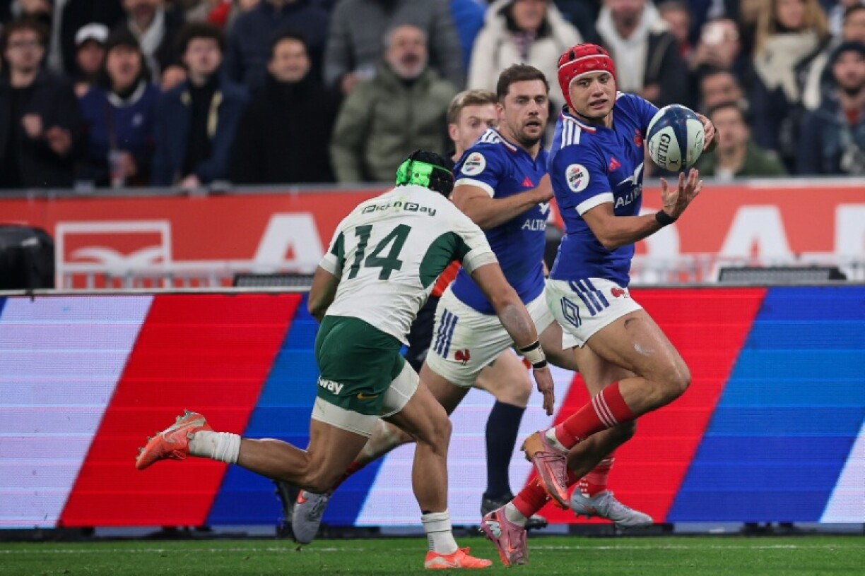 France's Louis Bielle-Biarrey (R) equalled the Six Nations try-scoring record of eight scores in 2025