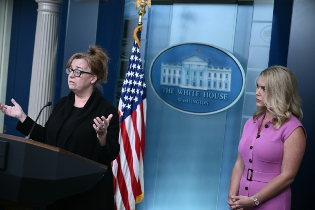 Patty Morin, mother of Rachel Morin, a Maryland mother-of-five who was killed by a Salvadoran man in 2023, speaks as White House Press Secretary Karoline Leavitt looks on during the daily press briefing at the White House in Washington, DC, on April 16, 2025.