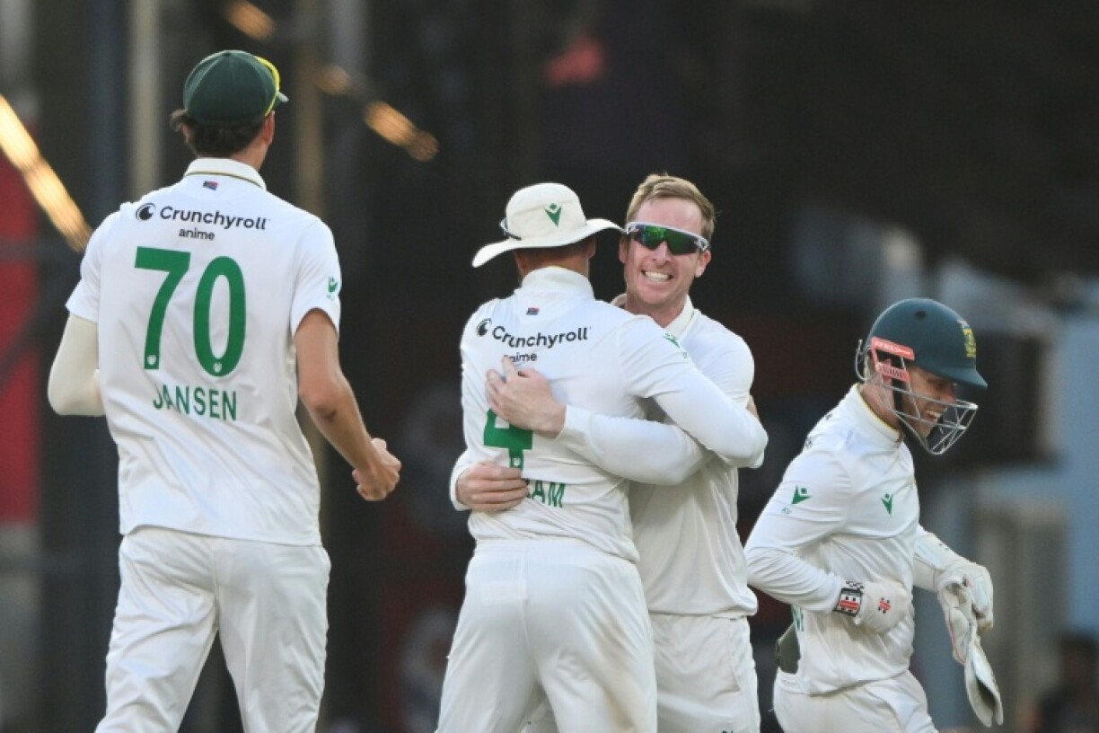 South Africa's Simon Harmer (2R) bowled KL Rahul with a sharp, spinning delivery late on day four