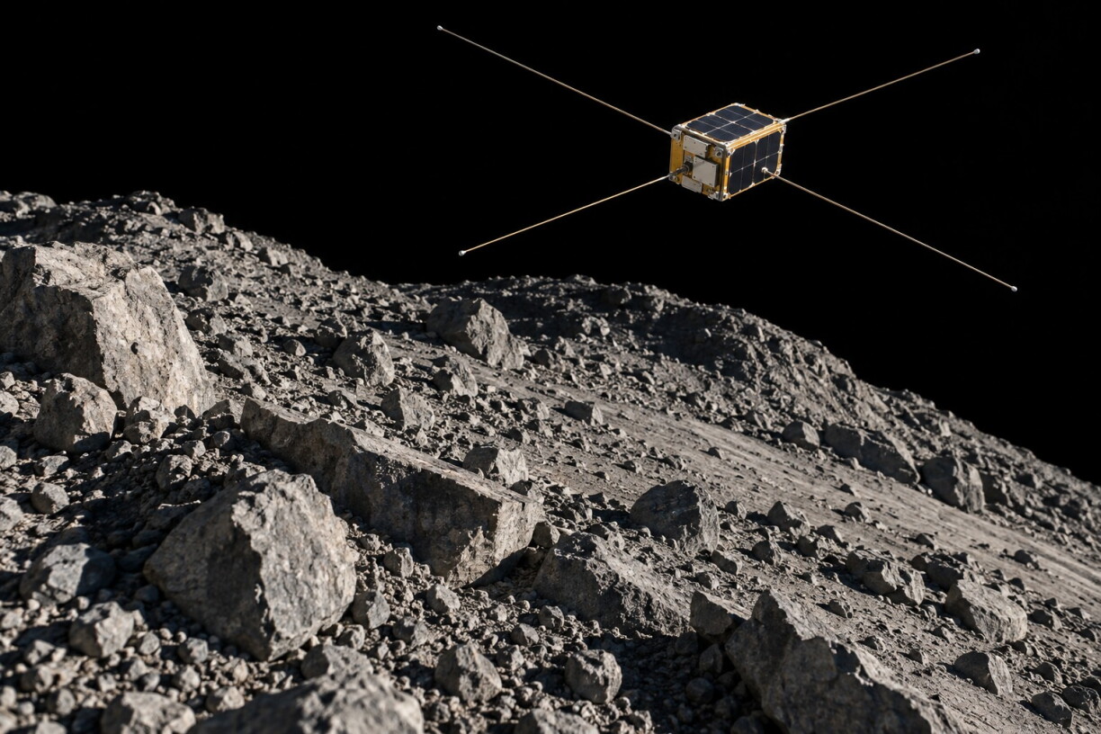 Artist impression of a spacecraft closely approaching an asteroid.