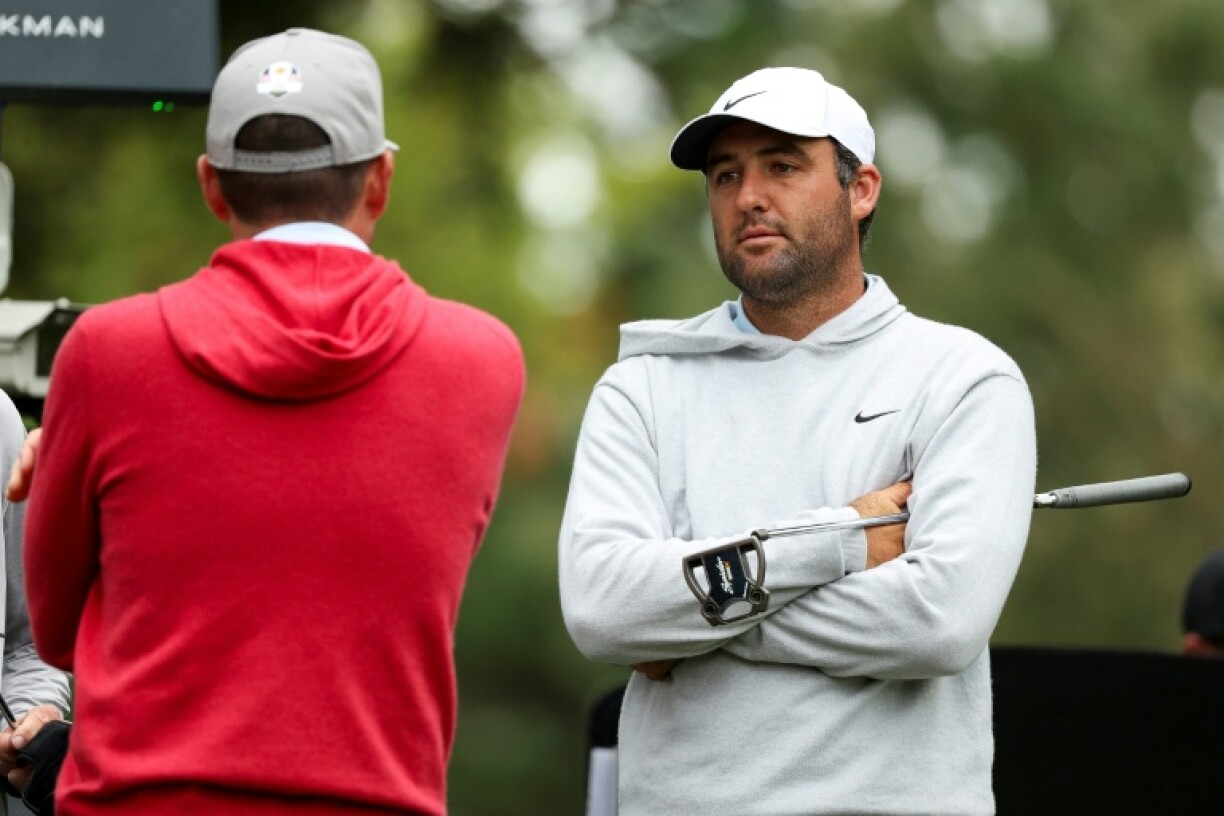 World number one Scottie Scheffler talks with US Ryder Cup captain Keegan Bradley during practice for the US PGA Tour Procore Championship