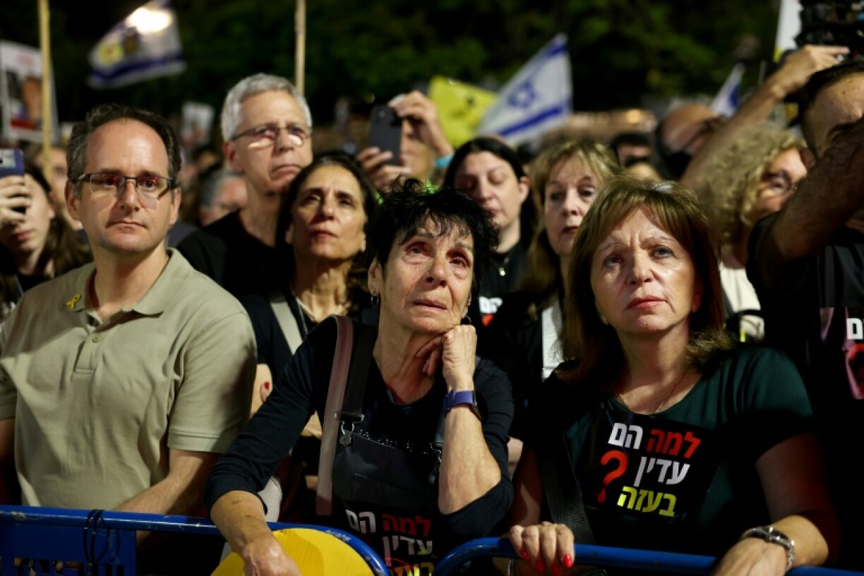 Relatives and supporters of Israeli hostages join a protest at Hostages Square in Tel Aviv