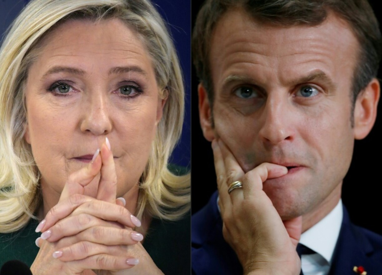 Photomontage de Marine Le Pen et Emmanuel Macron, en lice pour le second tour de l'élection présidentielle en France le 24 avril 2022