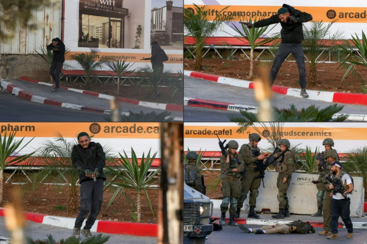 This combination of pictures shows two armed Palestinian men who attacked and then were killed by Israeli forces at a checkpoint near Hebron in the West Bank