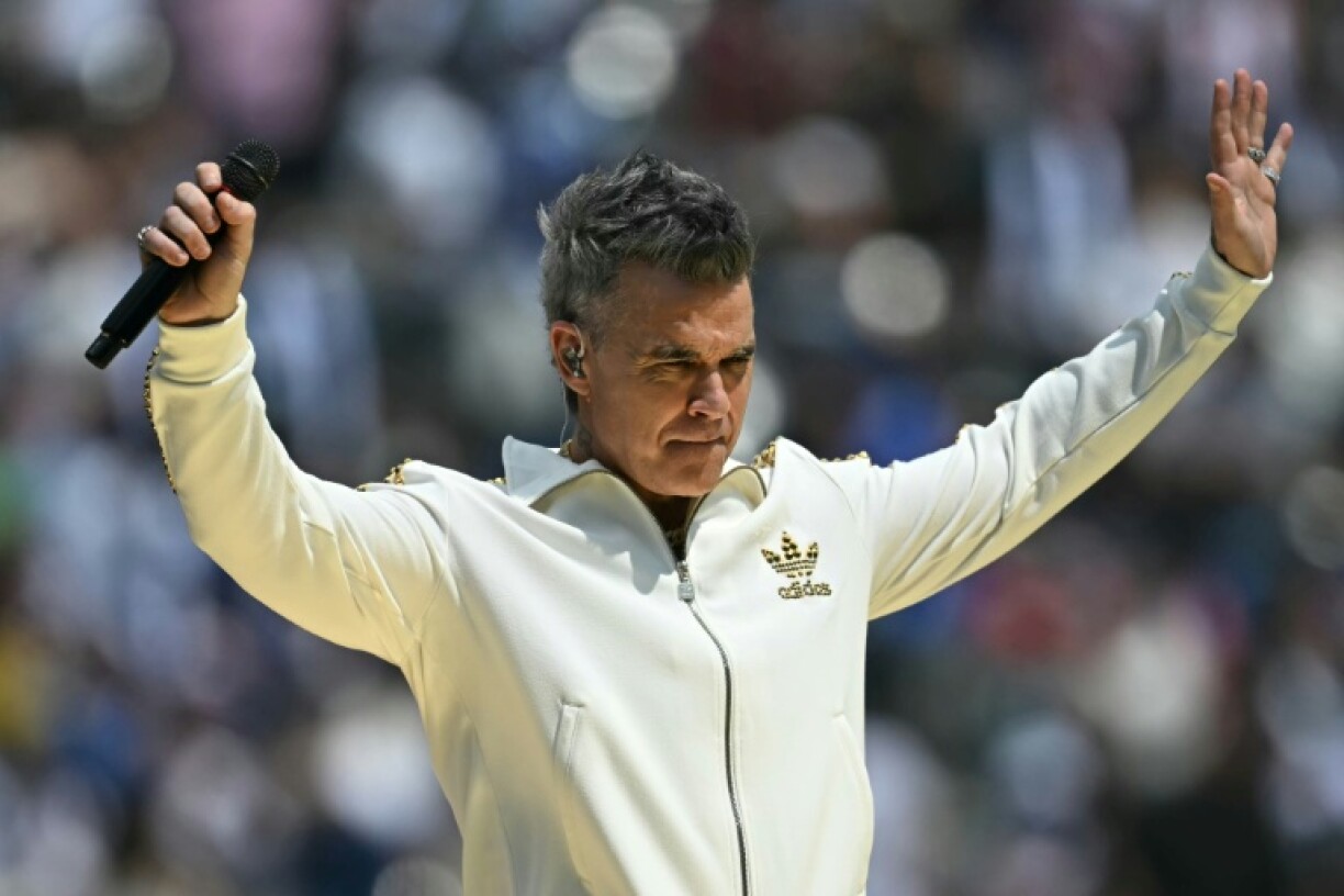 Robbie Williams performing ahead of the 2025 FIFA Club World Cup final