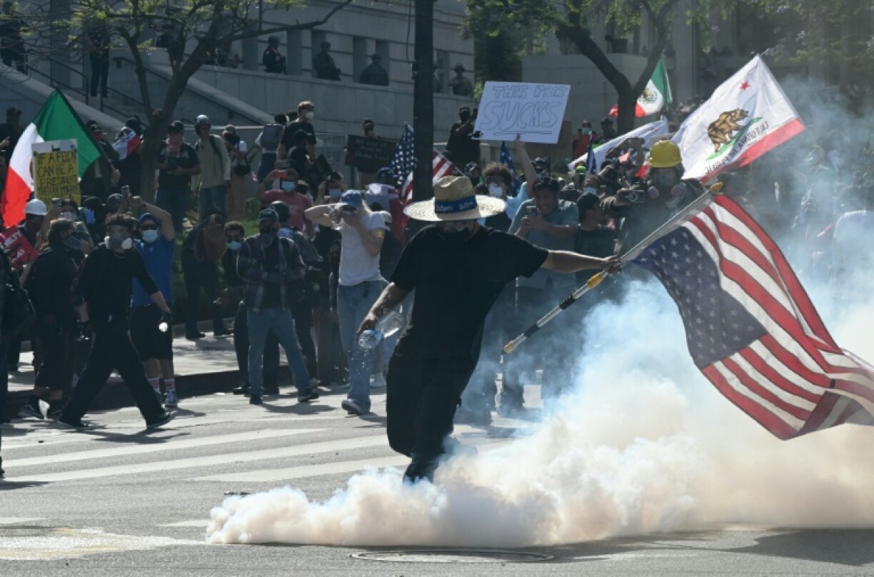 Police fired tear gas at anti-Trump protesters in Los Angeles, which has seen a week of such demonstrations